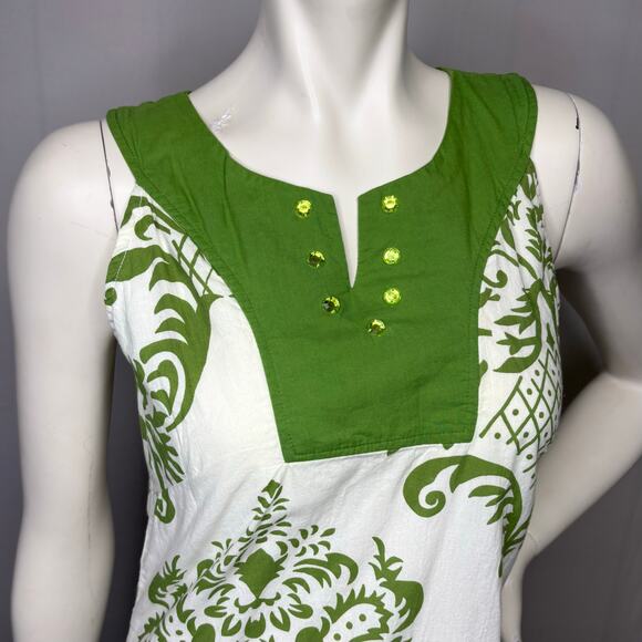 Cassee’s Summer Sundress S Small Knee Length Green White Cotton Damask Dress - Picture 4 of 8